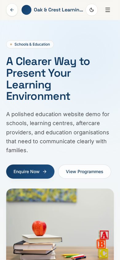 Mobile screenshot of the Schools & Education demo website