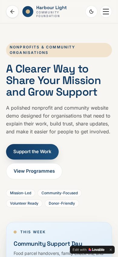 Mobile screenshot of the Nonprofits & Community demo website