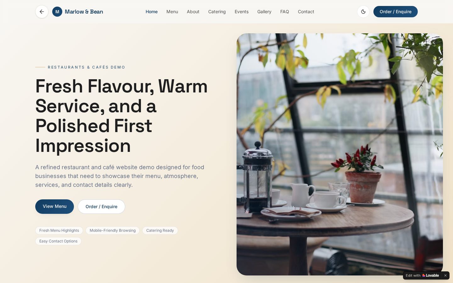 Desktop screenshot of the Restaurants & Cafés demo website