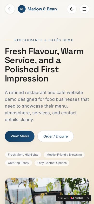 Mobile screenshot of the Restaurants & Cafés demo website