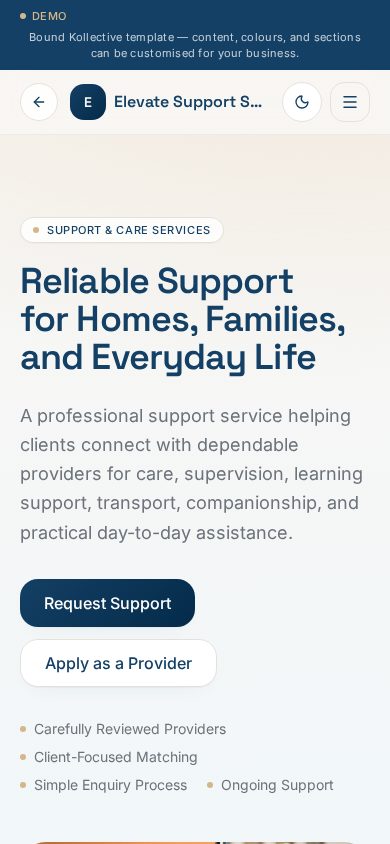 Mobile screenshot of the Support & Care Services demo website