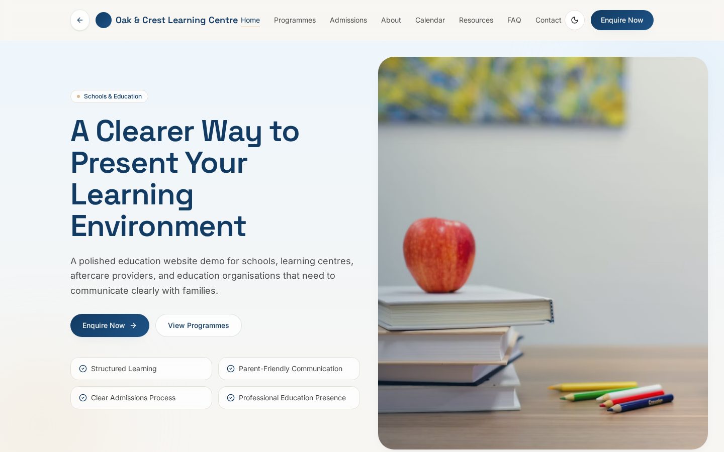 Desktop screenshot of the Schools & Education demo website