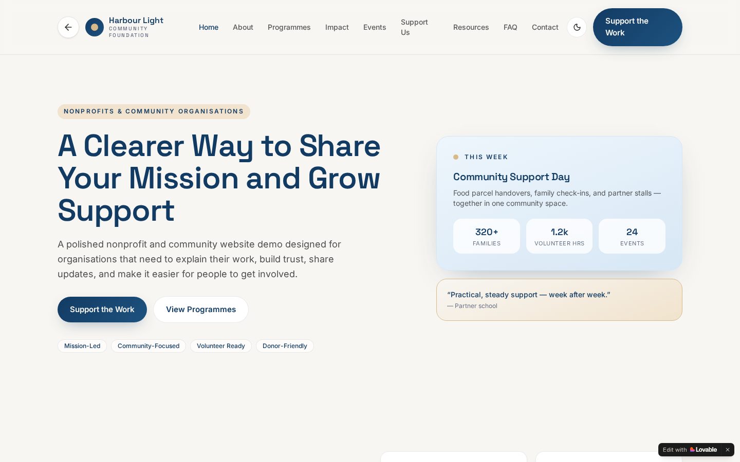Desktop screenshot of the Nonprofits & Community demo website