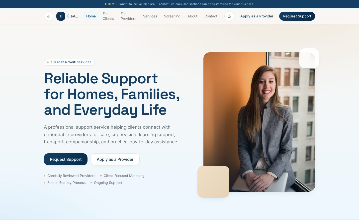 Desktop screenshot of the Support & Care Services demo website